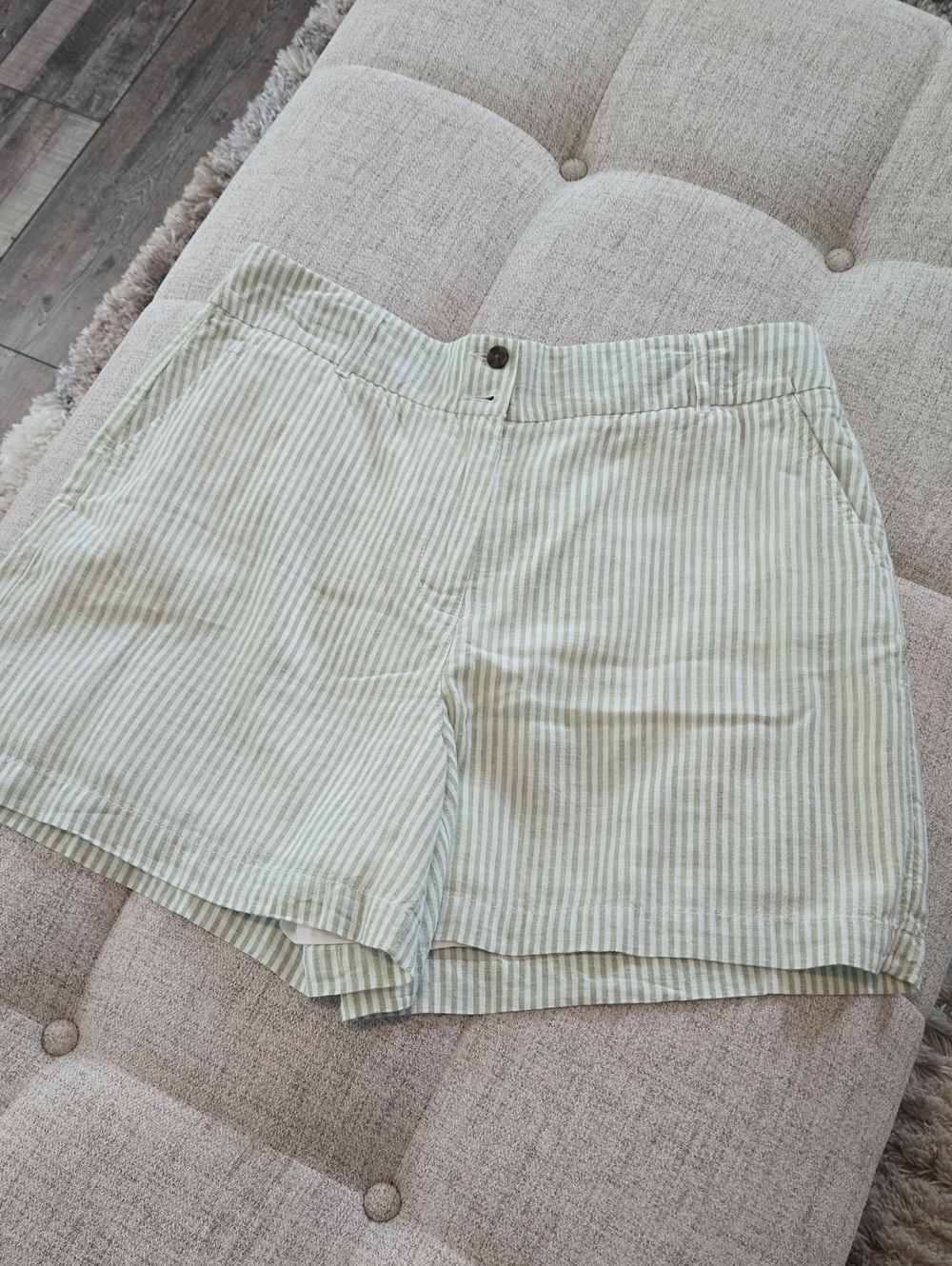 crown & ivy Light Green and White High Waist Linen Blend Striped Shorts
